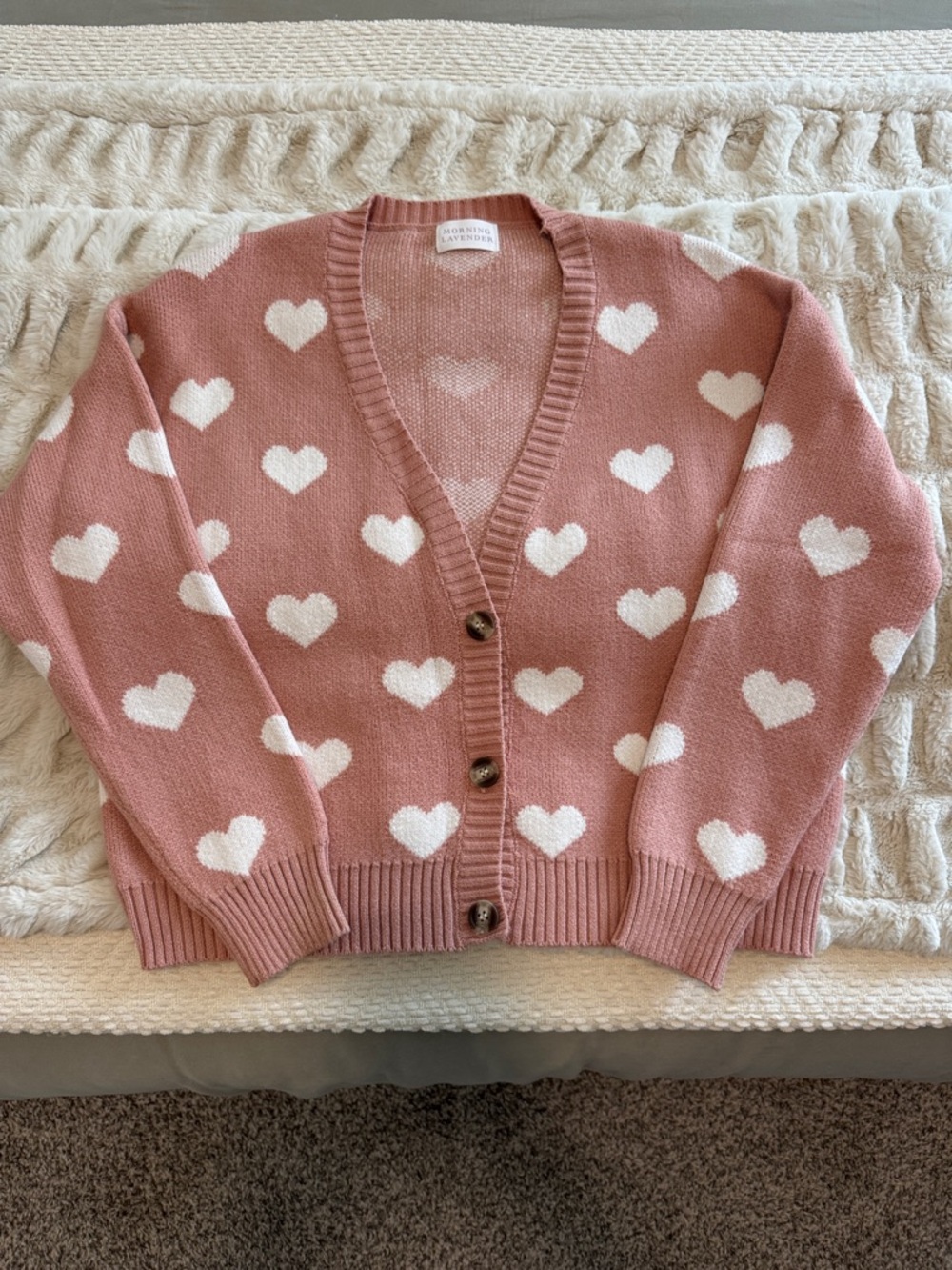 Morning Lavender Pink V-Neck Cardigan Sweater with Hearts S/M NWOT